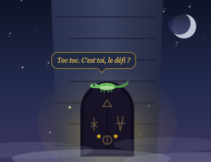 Le lézard gardien devant la porte de la tour, la nuit